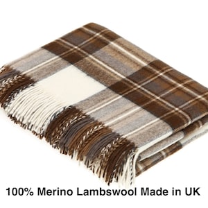 Merino Lambswool Throw Blanket: Natural Stewart Scottish Tartan