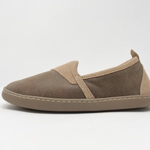 Handcrafted Sheepskin Slippers: Taupe Suede Leather, Thermo Rubber Sole