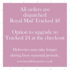 A pink information graphic with white text stating that all orders are dispatched with Royal Mail Tracked 48, with an option to upgrade to Royal Mail Tracked 24 at the checkout. It also notes that deliveries may take longer during busy seasonal periods.