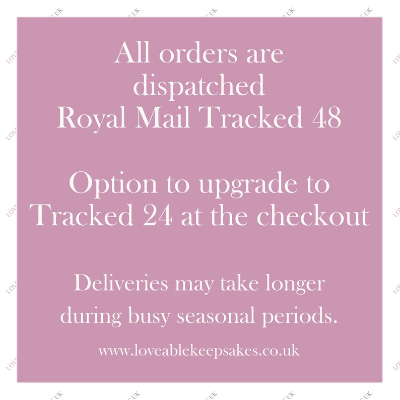 A pink information graphic with white text stating that all orders are dispatched with Royal Mail Tracked 48, with an option to upgrade to Royal Mail Tracked 24 at the checkout. It also notes that deliveries may take longer during busy seasonal periods.
