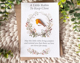 Robin Remembrance Enamel Pin Badge, Sympathy Gift with A6 Keepsake Card