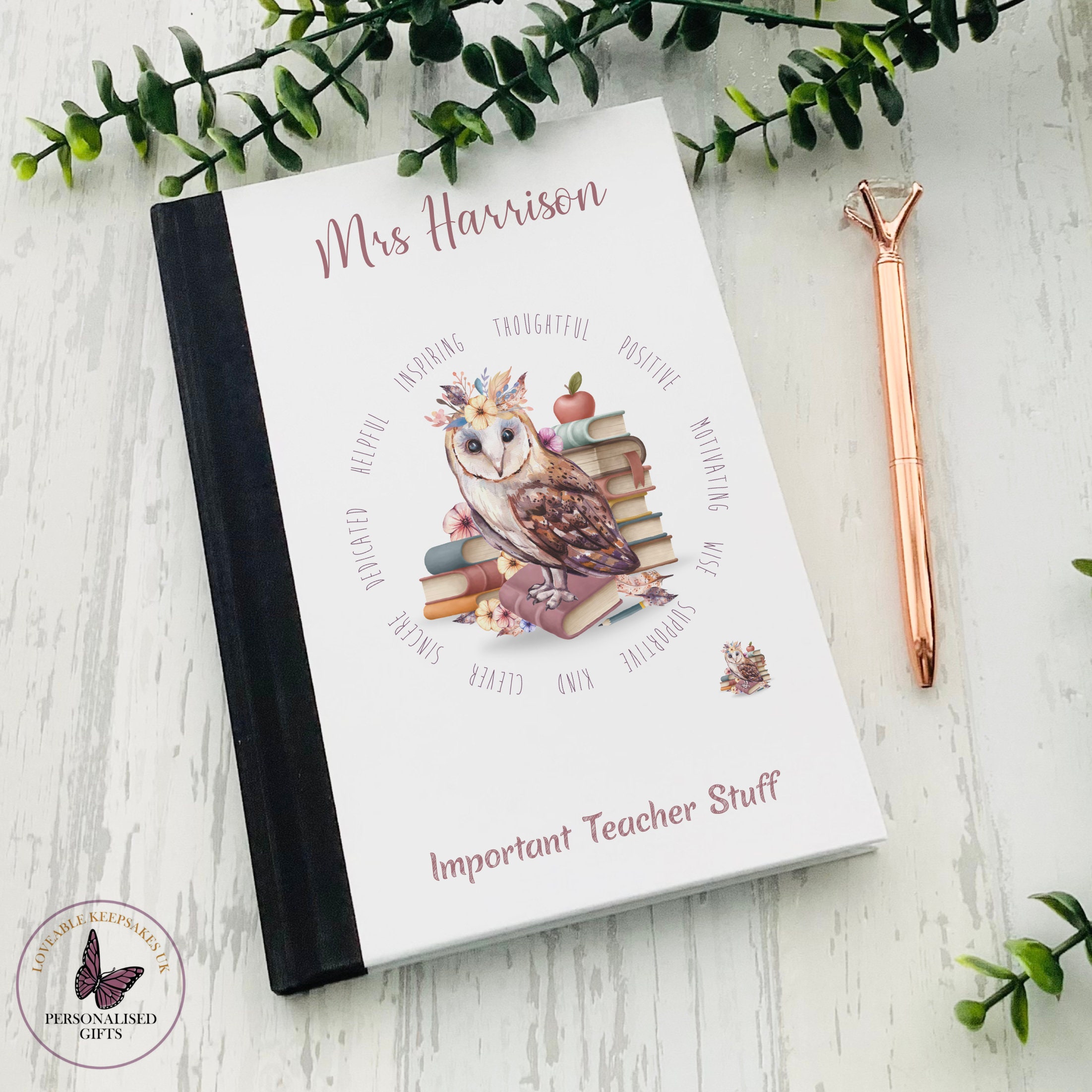 Personalised Teacher Owl Notebook, University Gift, End Of Term Gifts, Leaving Gift, Personalised J