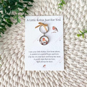 Puede incluir: Un llavero con un colgante redondo con la imagen de un petirrojo, adjunto a una tarjeta con el texto "A Little Robin Just For You". La tarjeta incluye un poema sobre el petirrojo.