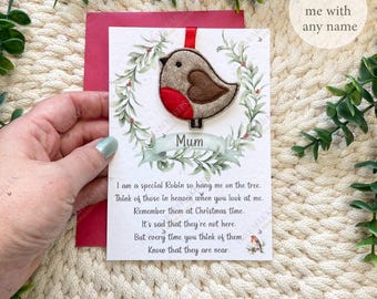 Handmade Christmas Robin Memorial Hanging Tree Ornament – Personalised Remembrance Keepsake Card With Red Envelope
