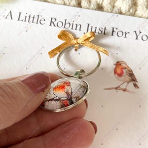Puede incluir: Un llavero plateado con un colgante ovalado que muestra una ilustraci&oacute;n de acuarela de un petirrojo. Se adjunta una cinta dorada. El texto "A Little Robin Just For You" es visible.