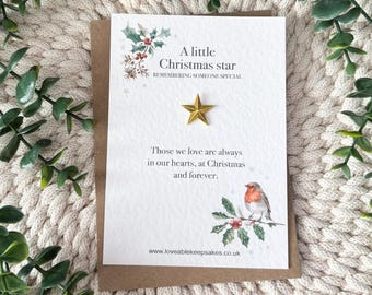 Christmas Remembrance Star Pin Badge with Robin Card, Memorial Pocket Hug Gift