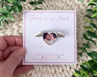 Memorial Angel Wings Heart Photo Badge, Remembrance Keepsake