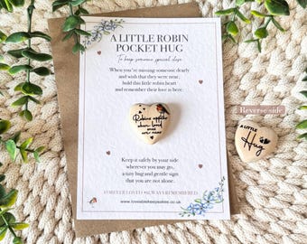 Robin Pocket Hug with Remembrance Card | Double-Sided Wooden Heart | Memorial Keepsake | Sympathy Gift
