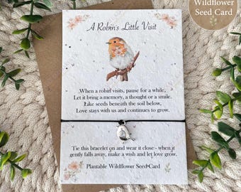 Robin Wish Bracelet on Wildflower Seed Card – Plantable Remembrance Robin Keepsake