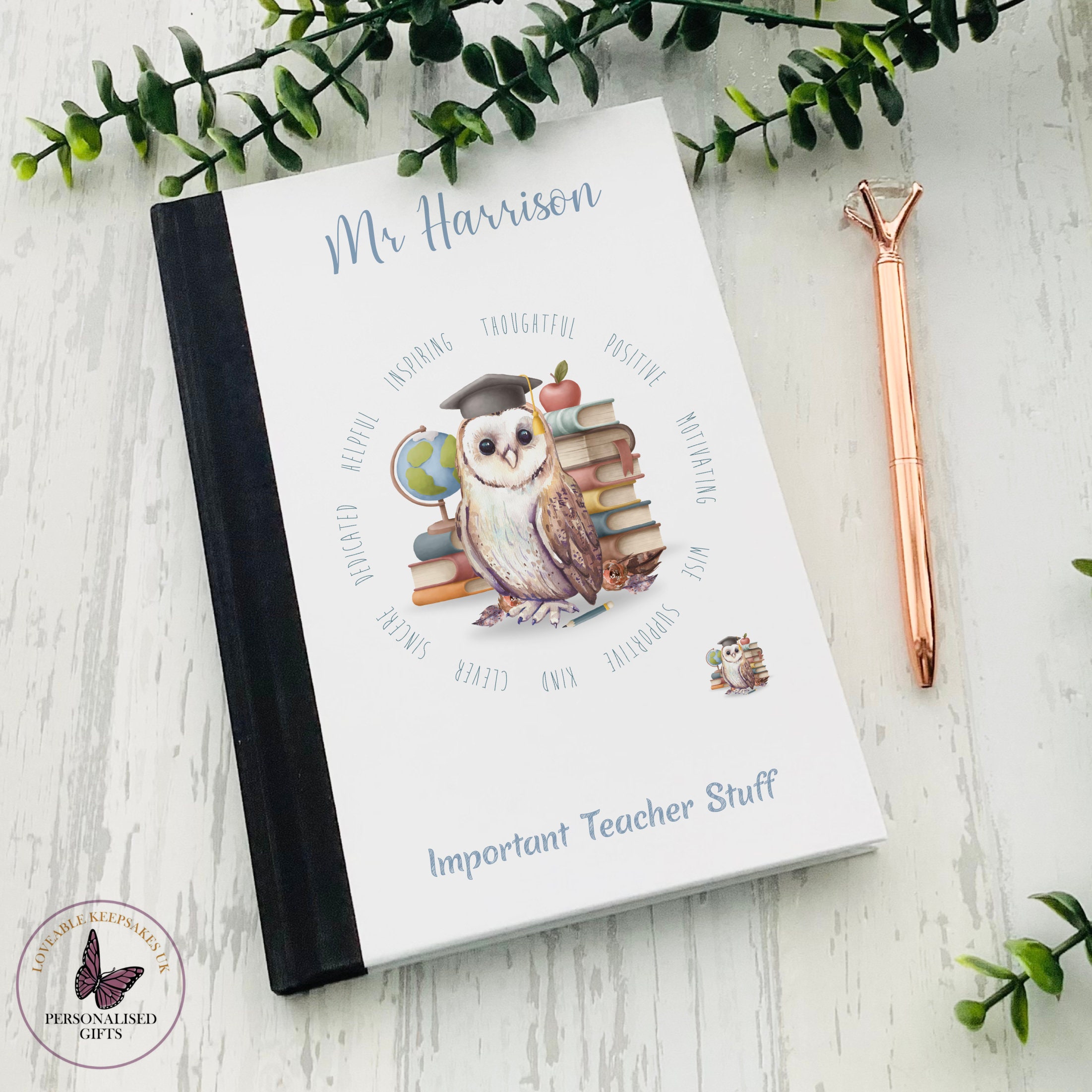 Personalised Teacher Owl Notebook, University Gift, End Of Term Gifts, Leaving Gift, Personalised J