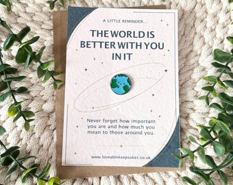 Globe Enamel Pin Badge, Mental Health Encouragement Keepsake Card, Unisex Pocket Hug