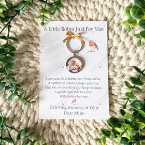 Puede incluir: Un llavero con un colgante redondo con una ilustraci&oacute;n de un petirrojo. El llavero est&aacute; unido a una tarjeta con el texto "A Little Robin Just For You" y un poema. La tarjeta es de color crema.