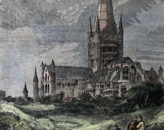 Norwich Cathedral, Norfolk original Antique vintage wood engraving c.1848