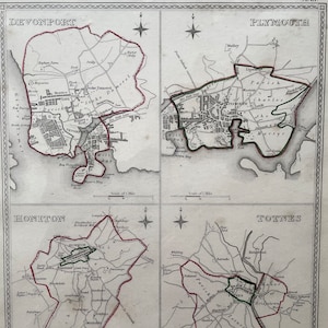 May include: A vintage map of four English towns: Devonport, Plymouth, Honiton, and Totnes. The map is printed in black and white with red and green lines highlighting the boundaries of the towns. Each town is labeled with its name and a scale of 1 mile.