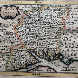 Hampshire, John Seller Carte originale du comté antique datant d’environ 1701