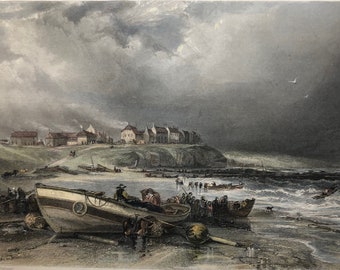 Cullercoats, Tynemouth, Northumberland original antique vintage engraving print dating from 1842