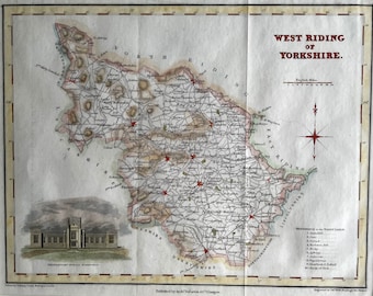 May include: An antique map of the West Riding of Yorkshire, England. The map is printed on paper and shows the county's towns, villages, and roads. The map is surrounded by a decorative border and includes a scale bar and compass rose.