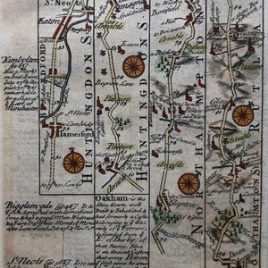 Road map from Tamesford to Oakham via St. Neots,  Owen & Bowen original antique map dating from about 1720