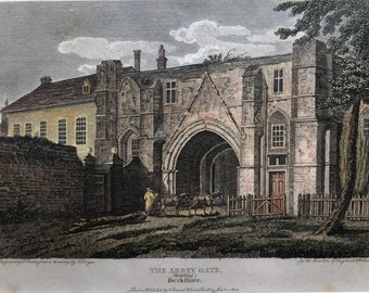 The Abbey Gate, Reading, Berkshire original antique vintage engraving print dating from 1804