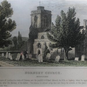 Hornsey Church, Middlesex original antique vintage engraving print dating from about 1848