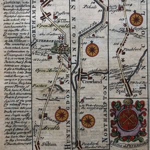 Road map from Stilton to Gosberton via Peterborough,  Owen & Bowen original antique map dating from about 1720