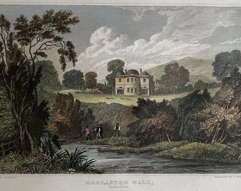 Darlaston Hall, near Stone, Staffordshire original antique vintage engraving print dating from 1830