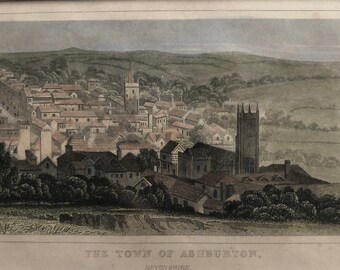 Ashburton, Devon original antique vintage engraving print dating from about 1845