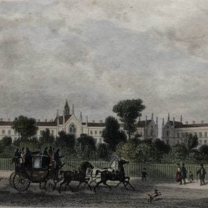 May include: A black and white engraving depicting a large building with a carriage and horses in front. The building features a tall, pointed roof and numerous windows. The carriage is drawn by four horses and is carrying several passengers. People are walking in front of the building and a dog is running in the foreground.
