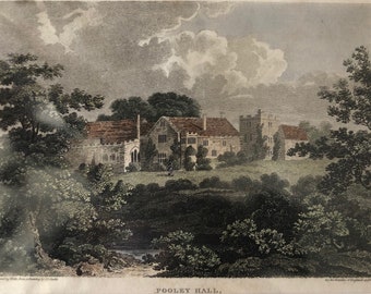 Pooley Hall, Warwickshire original antique vintage engraving print dating from 1812