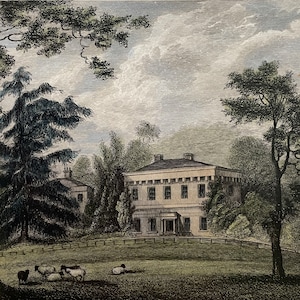 May include: A vintage illustration depicting a two-storey house with a white facade and a dark roof. The house is surrounded by trees and a grassy lawn with sheep grazing. The sky is cloudy and grey.