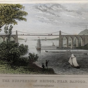 Suspension bridge near Bangor, Wales original antique vintage engraving print dating from about 1848