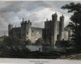 Maxstoke (Macstoke) Castle, Warwickshire original antique vintage engraving print dating from 1815