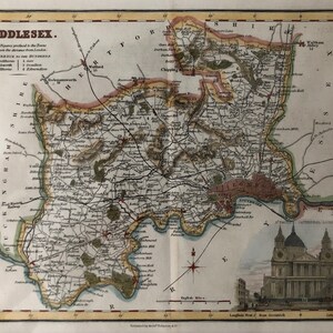 May include: An antique map of Middlesex, England, showing roads, towns, and rivers in detail. The map is surrounded by a decorative border and includes a key with distances from London. The map also features a small inset image of St. Paul's Cathedral.