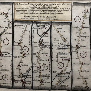 Thomas Gardner Road Map from Stilton to Boston and Boston to Lincoln, original antique map dating from about 1719