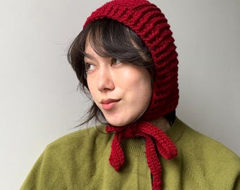 Chunky bonnet hood for women - crochet knit bonnet, red, ideal valentines gift for girlfriend
