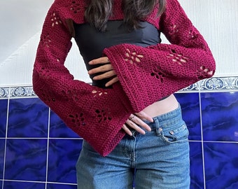 crochet shrug with long sleeves and flower pattern in burgundy wine red - handmade in the UK - super cropped jumper bolero