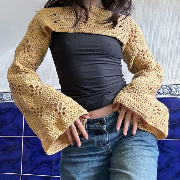 crochet shrug with long sleeves and flower pattern in butter yellow - handmade in the UK - super cropped jumper bolero