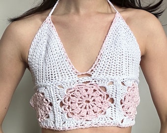 Crochet bralette crop top with flower granny squares - white and pink halter neck -  handmade in the UK