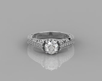 1.45 Ct Lab Diamond Solitaire Ring for Women / 14k Solid Gold Filigree Engagement Ring For Her / Vintage Style Ring for Bride