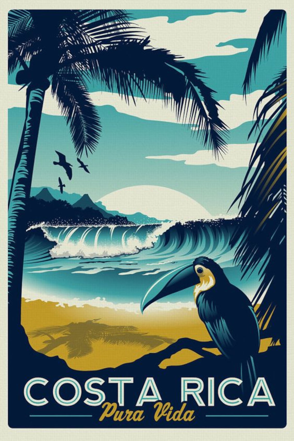 COSTA RICA Pura Vida Travel Poster With Toucan and Palm Trees Etsy