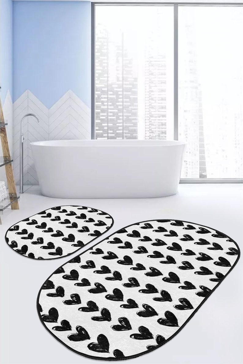 White and Black Oval Bath Mat Set of 2 Bathroom Decor Zigzag Etsy