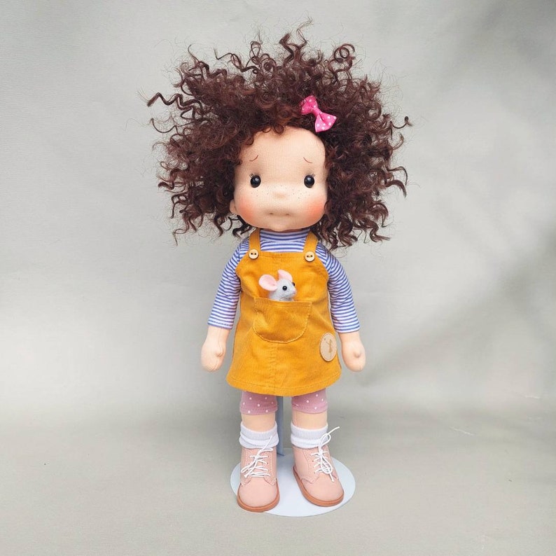 Francesca with a mouse Waldorf doll inspiration, Organic cotton doll, baby doll and dolls for collectors, gift doll, Art and Doll image 3