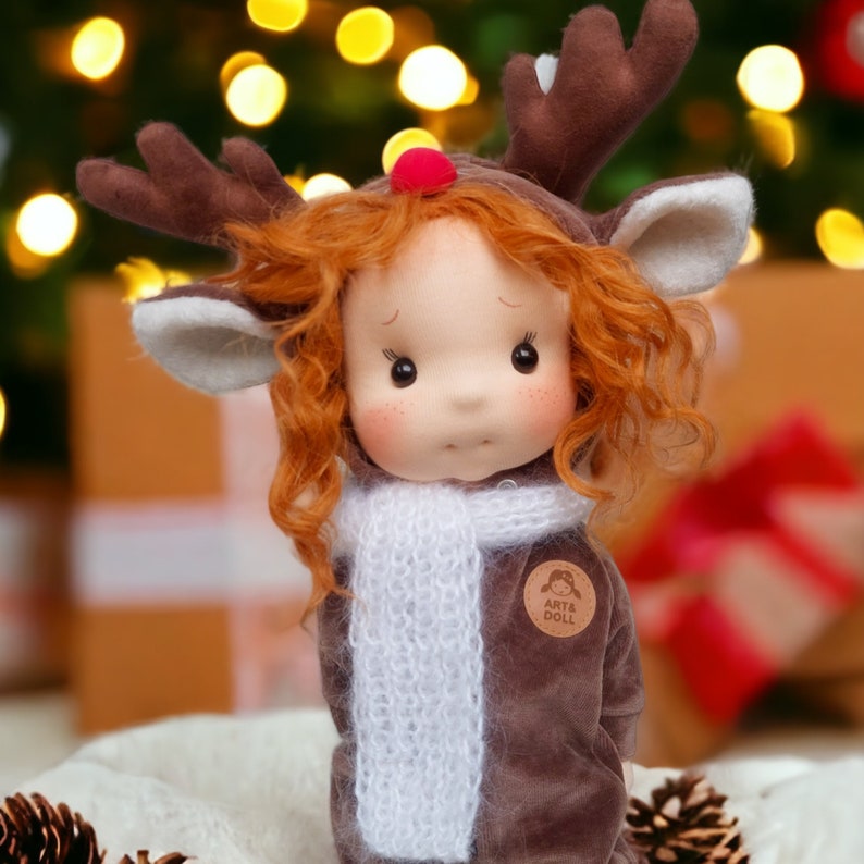 Elza Waldorf doll inspiration, Organic cotton doll, baby doll and dolls for collectors, gift doll, Art and Doll, christmas doll, reindeer image 1