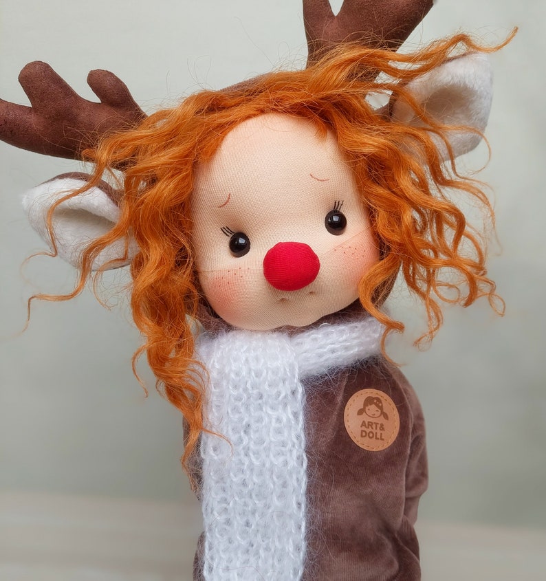 Elza Waldorf doll inspiration, Organic cotton doll, baby doll and dolls for collectors, gift doll, Art and Doll, christmas doll, reindeer image 5