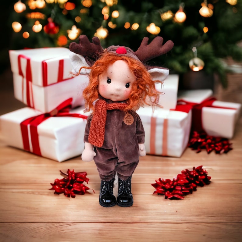 Elza Waldorf doll inspiration, Organic cotton doll, baby doll and dolls for collectors, gift doll, Art and Doll, christmas doll, reindeer image 2