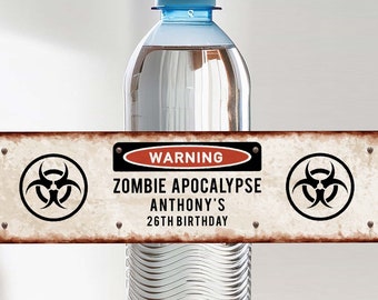 Zombie Apocalypse Party Editable Water Bottle Label, Birthday Party Favour, 8x2 Halloween Template,  Instant Download Corjl Printable 050