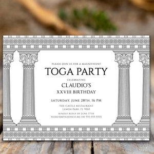 Faire-part à une fête romaine COULEURS personnalisées avec colonnes du temple, fichier modifiable 7 x 5, anniversaire de la Grèce antique ou Rome, modèle Corjl instantané 032C