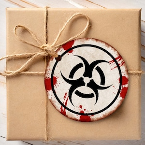 Tags verjaardagsfeestje zombie met bloed- en schedelsymbool, drie ontwerpen, 2 x 2 inch stickers of cupcaketoppers, Instant Corjl-sjabloon 050B