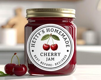 Cherry Jam Label: Editable Round or Square 2x2" Jar Stickers (Digital Download) - Corjl 070CH
