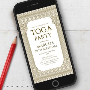 Invito per festa in toga con tempio, 1080x1920px modificabile festa di compleanno a tema Grecia o Roma, modello elettronico digitale istantaneo Corjl 031C